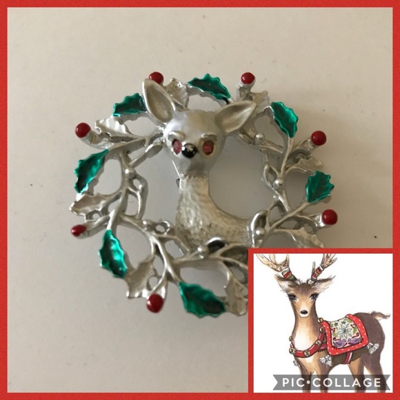 🐾 Vintage Reindeer Wreath Brooch - Picture 1 of 4